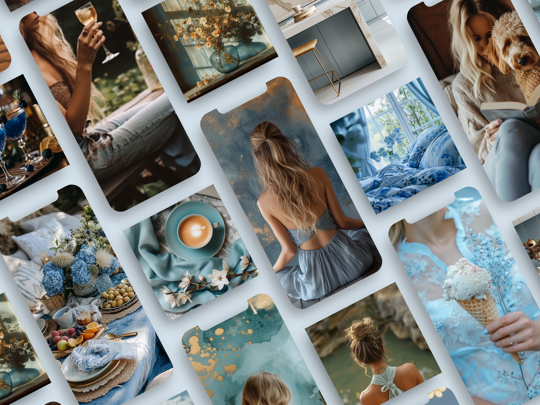 Preview collage of elegant blue images, featuring florals, architecture, and luxurious table settings.