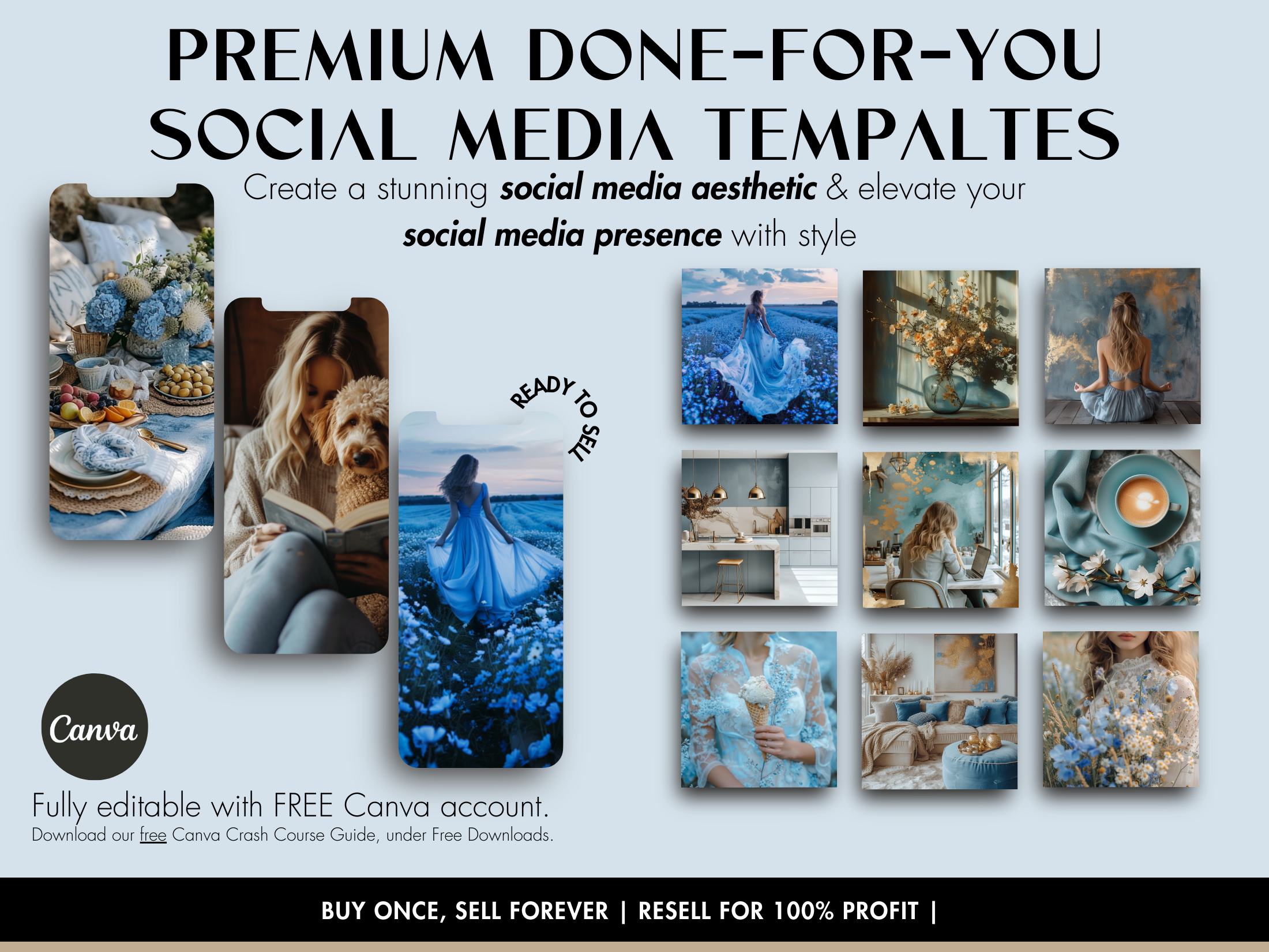 Premium done-for-you templates featuring elegant blues, ready for social media and marketing campaigns.