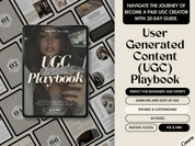 The cover for "UGC Playbook: 30 Days to UGC Success" featuring a stylish woman holding a drink. The design emphasizes a comprehensive 30-day guide to becoming a successful paid User-Generated Content creator. Key features include MRR availability, editable content, and 46 customizable pages.