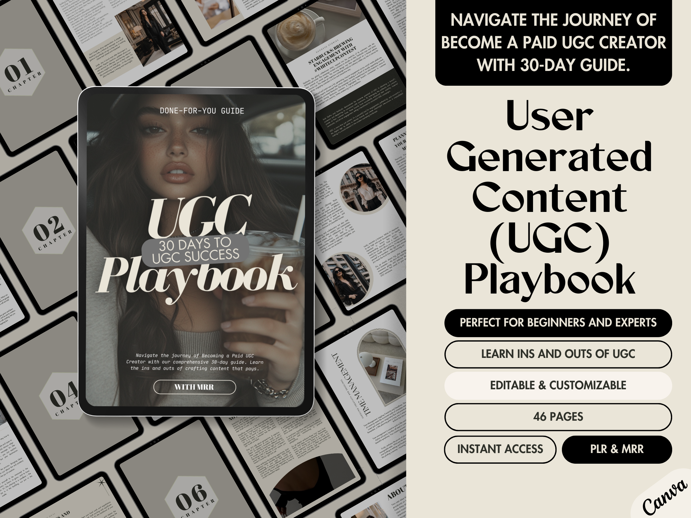 The cover for "UGC Playbook: 30 Days to UGC Success" featuring a stylish woman holding a drink. The design emphasizes a comprehensive 30-day guide to becoming a successful paid User-Generated Content creator. Key features include MRR availability, editable content, and 46 customizable pages.