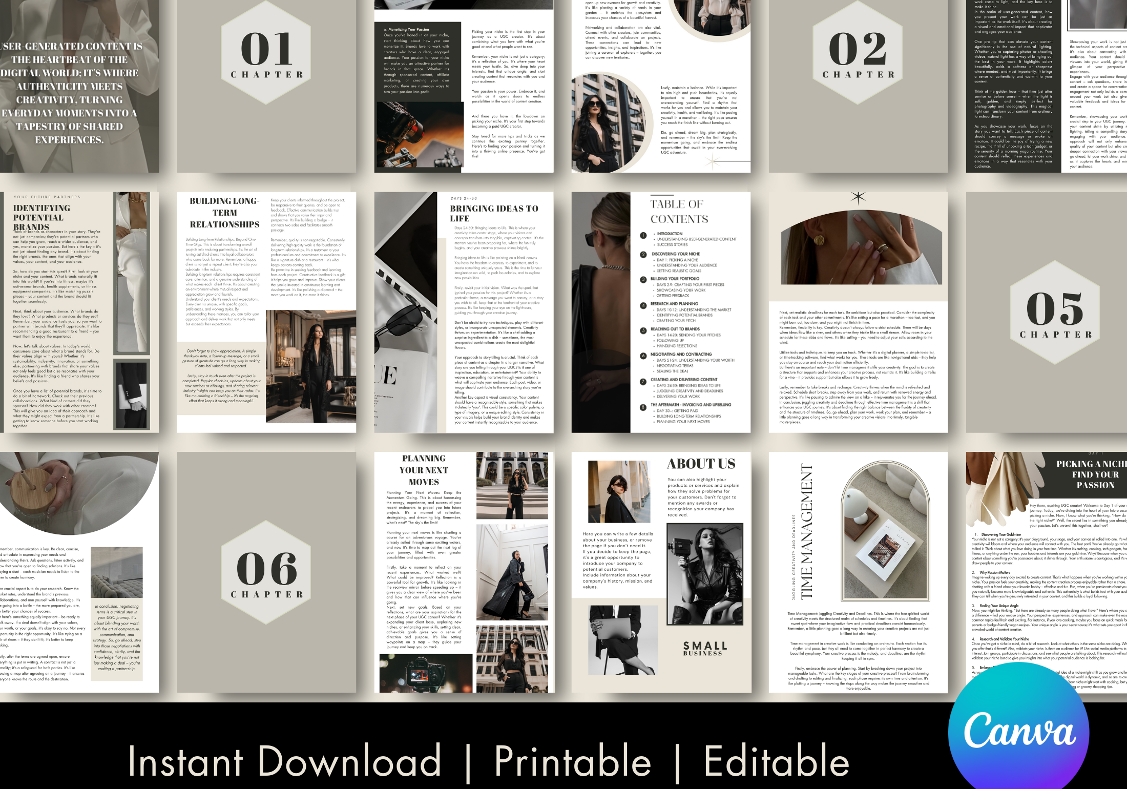 A preview of the "UGC Playbook," displaying multiple chapters with clean layouts. The pages cover topics such as identifying potential brands, building long-term relationships, and time management. The design includes minimalistic visuals and clear, professional text formatting.