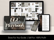 A product display for the "UGC Playbook," featuring mockups on a laptop, tablet, and smartphone. The layout highlights the Table of Contents and multiple chapter previews, emphasizing its done-for-you format with resale opportunities for 100% profit.