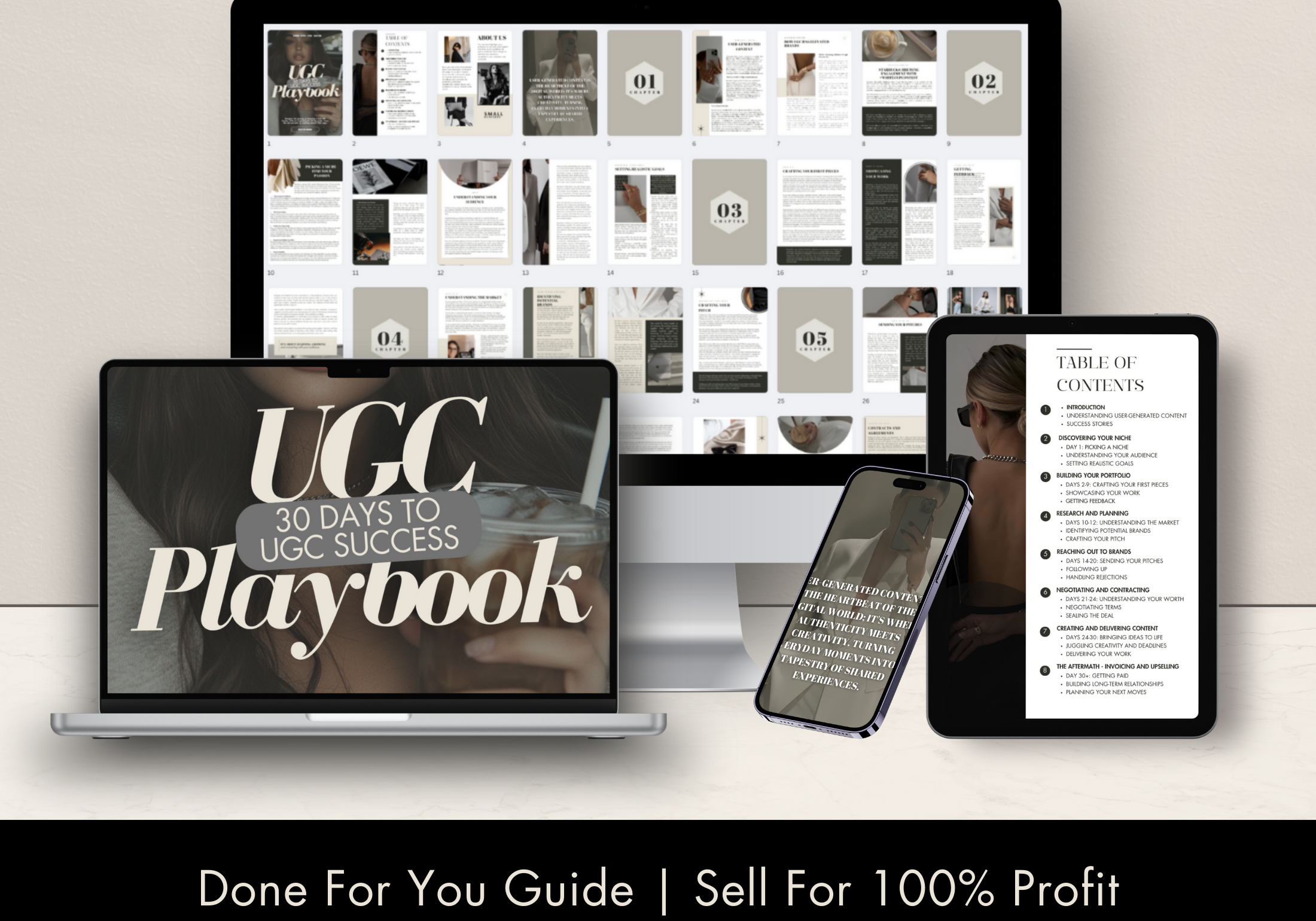 A product display for the "UGC Playbook," featuring mockups on a laptop, tablet, and smartphone. The layout highlights the Table of Contents and multiple chapter previews, emphasizing its done-for-you format with resale opportunities for 100% profit.