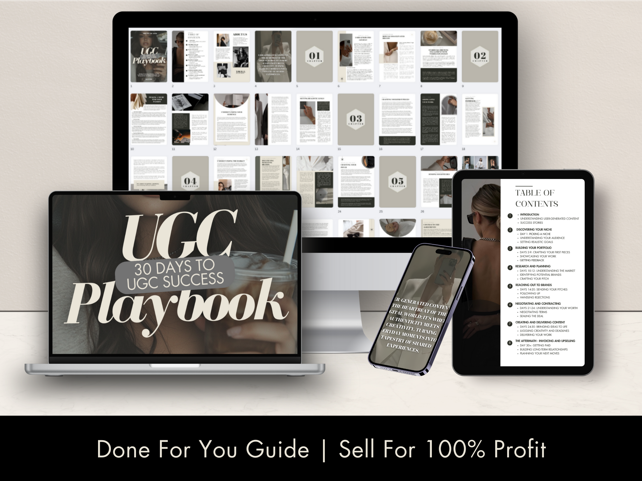 A product display for the "UGC Playbook," featuring mockups on a laptop, tablet, and smartphone. The layout highlights the Table of Contents and multiple chapter previews, emphasizing its done-for-you format with resale opportunities for 100% profit.