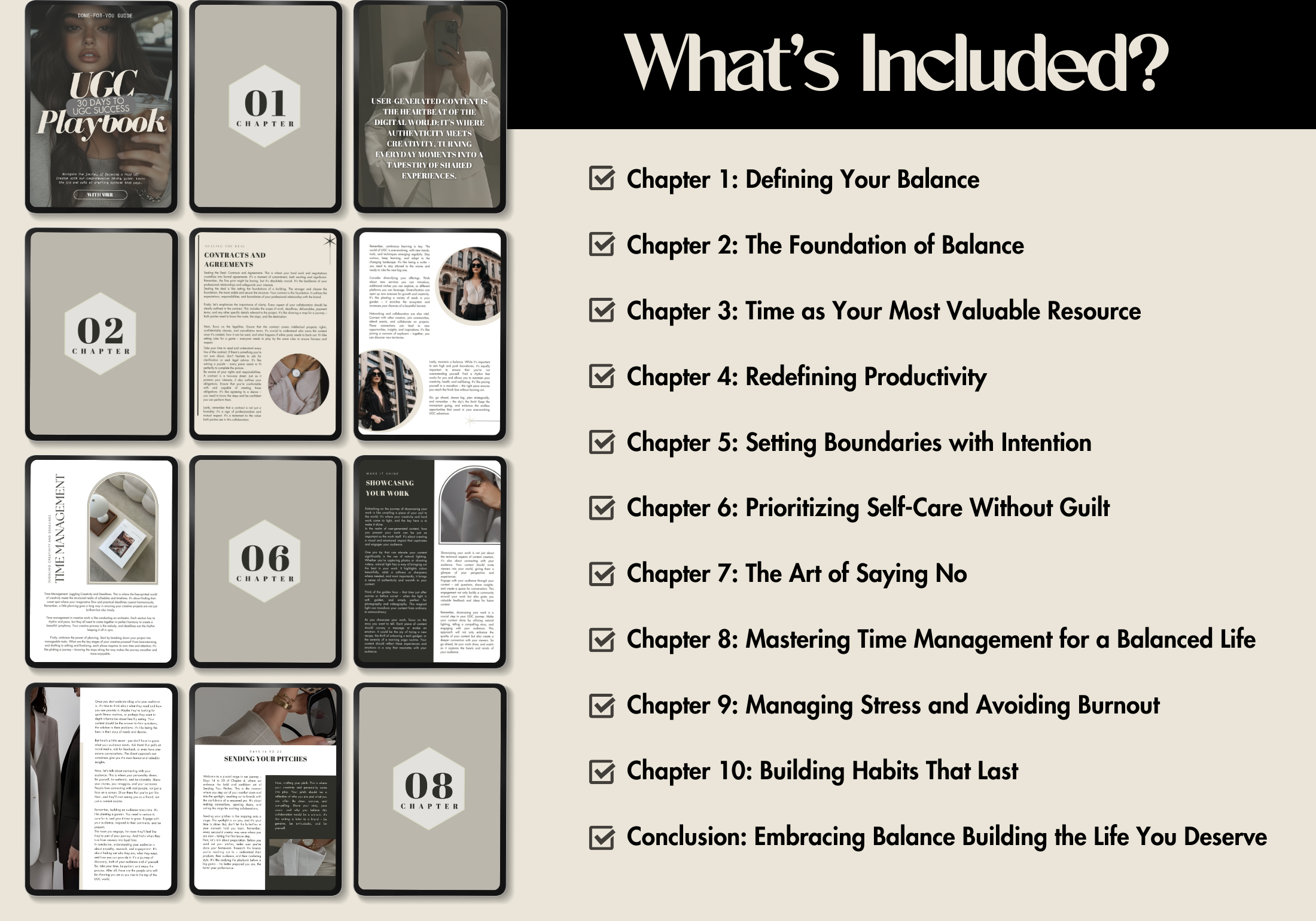 A detailed graphic showcasing the contents of the "UGC Playbook." It lists chapters like "Defining Your Balance," "The Art of Saying No," and "Time Management." The visual layout features multiple tablet mockups displaying different sections of the guide.