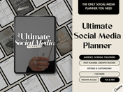 A Canva-designed cover for "The Ultimate Social Media Planner," showcasing a sleek tablet mockup featuring a hand holding a smartphone. The text emphasizes the planner's benefits, including audience building, growth tracking, and an editable 134-page layout. The cover also highlights instant access and availability of MRR and PLR rights.