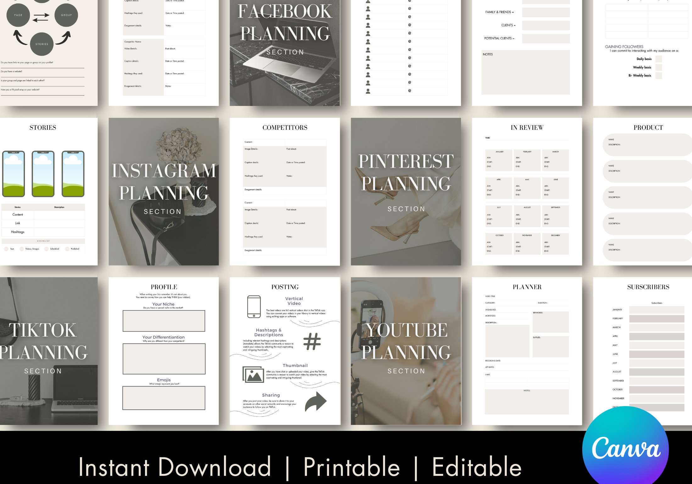 A preview of pages from "The Ultimate Social Media Planner," including dedicated sections for Facebook, Instagram, Pinterest, TikTok, and YouTube planning. Each page is professionally designed, featuring tools for content creation, competitor analysis, hashtags, audience tracking, and more.