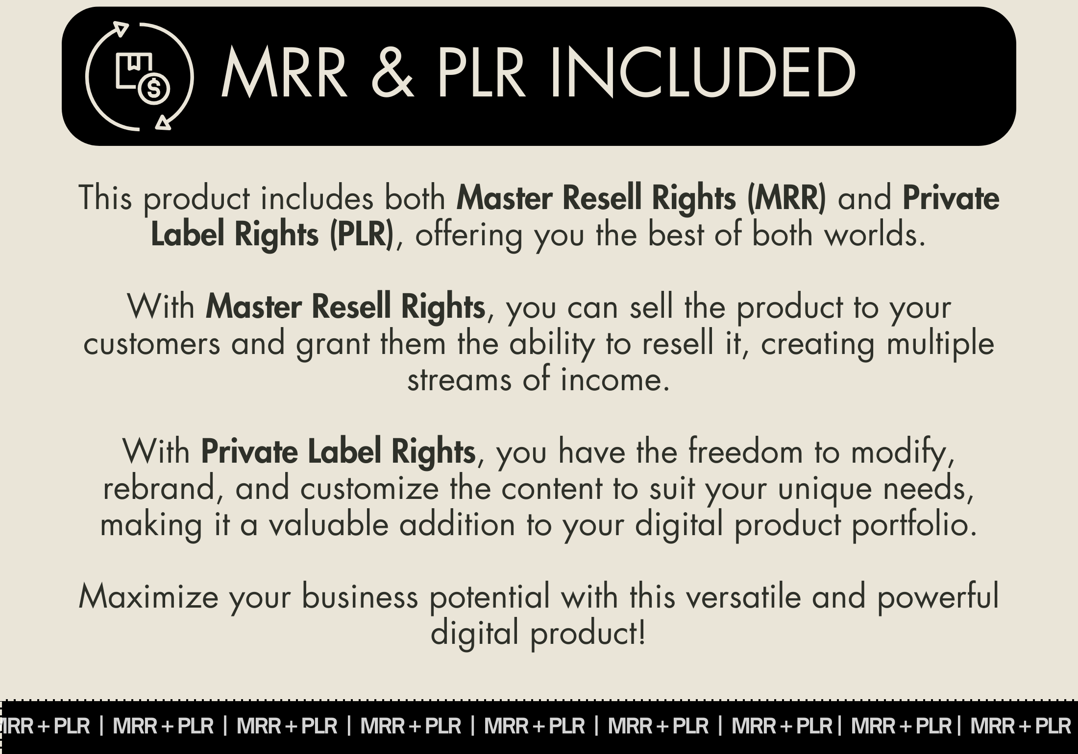 A graphic describing the inclusion of Master Resell Rights (MRR) and Private Label Rights (PLR) for "The Ultimate Social Media Planner." It highlights the ability to resell the product and customize it for personal branding needs. The design features a clean layout with a beige background and bold black headers.