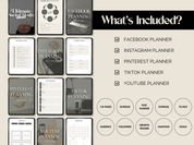  A detailed breakdown of "The Ultimate Social Media Planner," listing its features such as planners for all major social platforms, scheduling tools, growth tracking, to-do lists, and goal-setting sections. The graphic displays multiple tablet mockups representing different planning categories.