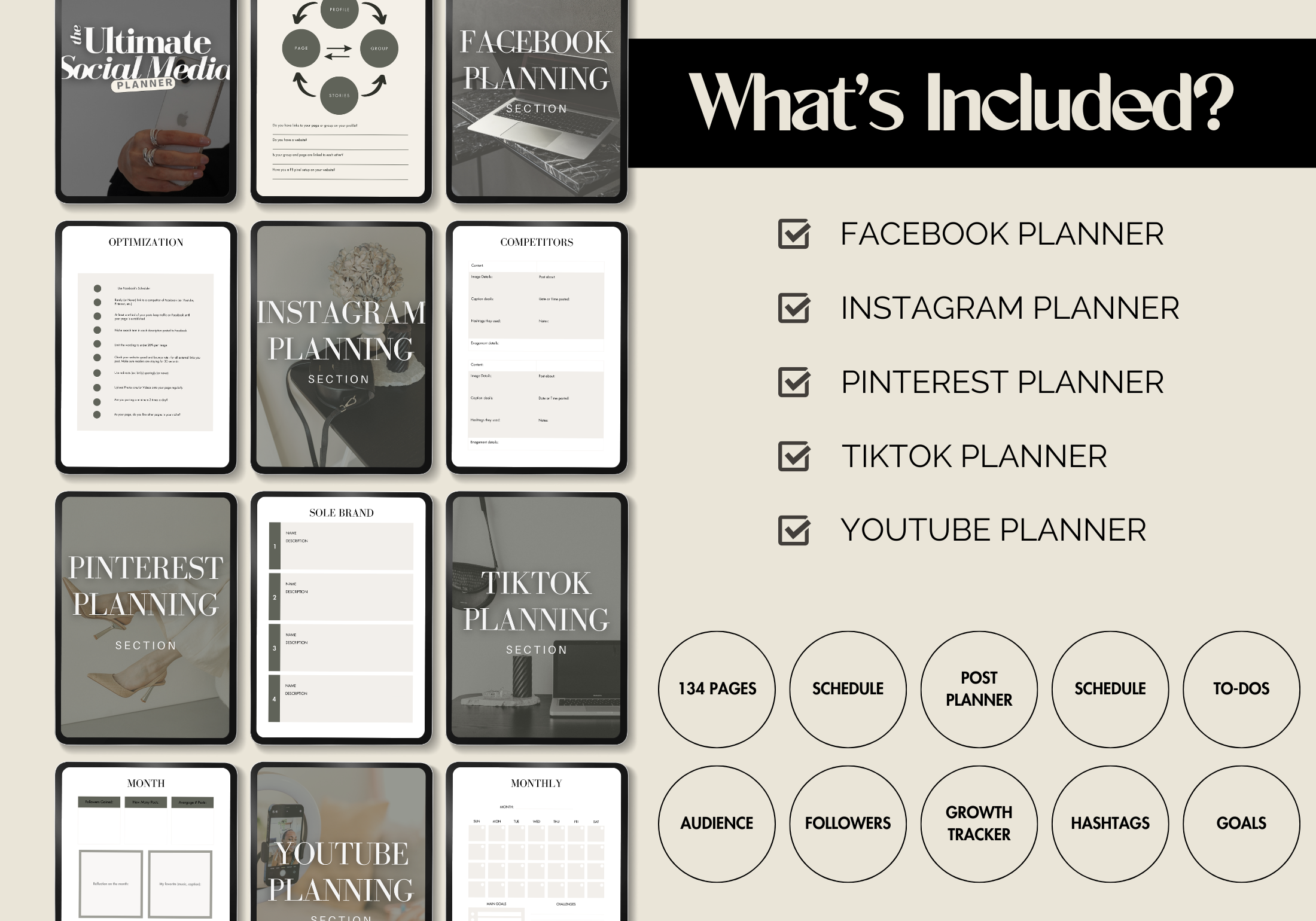  A detailed breakdown of "The Ultimate Social Media Planner," listing its features such as planners for all major social platforms, scheduling tools, growth tracking, to-do lists, and goal-setting sections. The graphic displays multiple tablet mockups representing different planning categories.