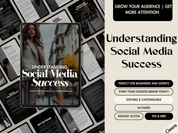 A Canva-designed ebook cover titled "Understanding Social Media Success." The image features a stylish woman in a beige blazer with an urban background. It highlights key points like "Grow Your Audience | Get More Attention," "Editable & Customizable," "44 Pages," and mentions PLR and MRR availability.