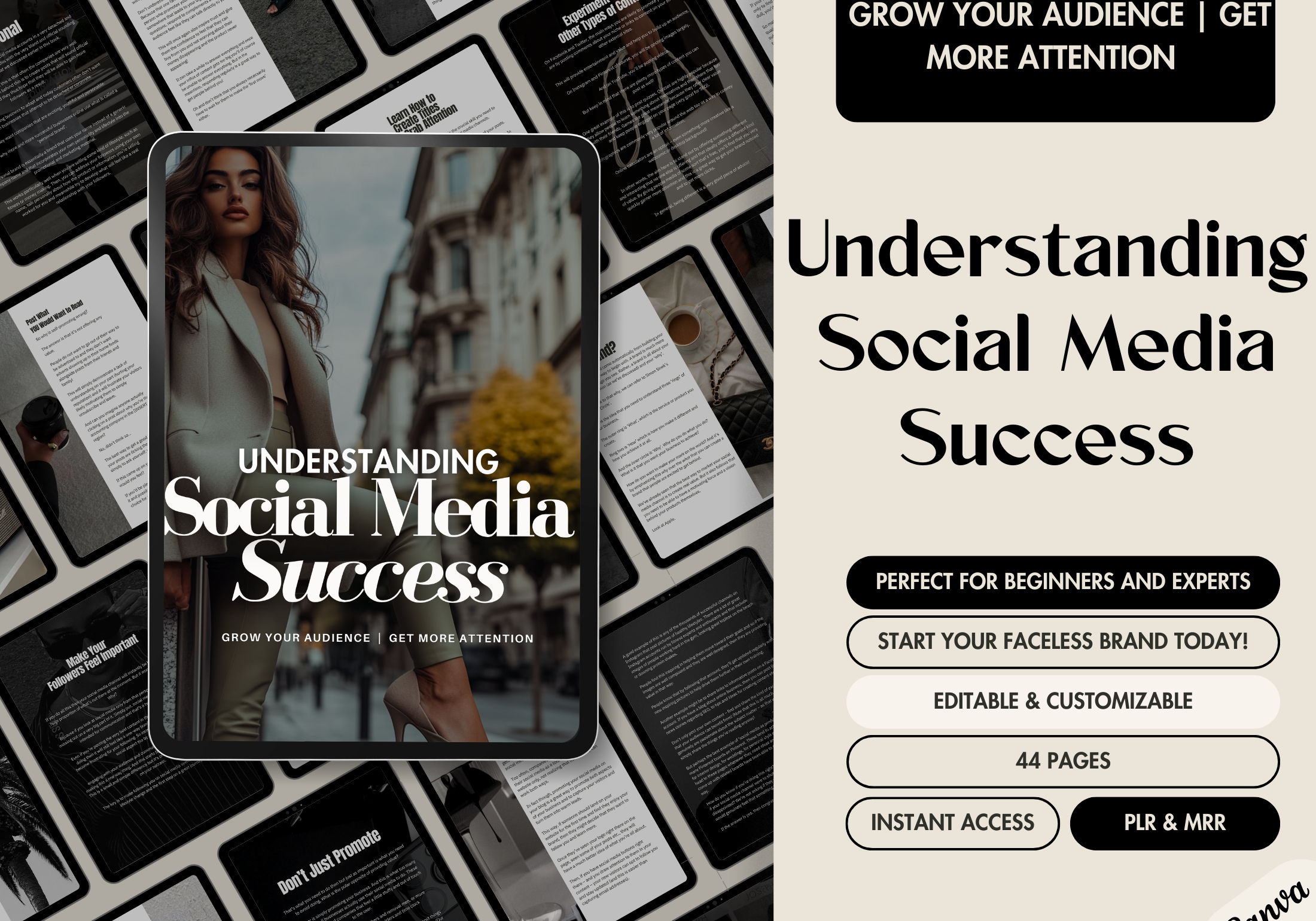 A Canva-designed ebook cover titled "Understanding Social Media Success." The image features a stylish woman in a beige blazer with an urban background. It highlights key points like "Grow Your Audience | Get More Attention," "Editable & Customizable," "44 Pages," and mentions PLR and MRR availability.