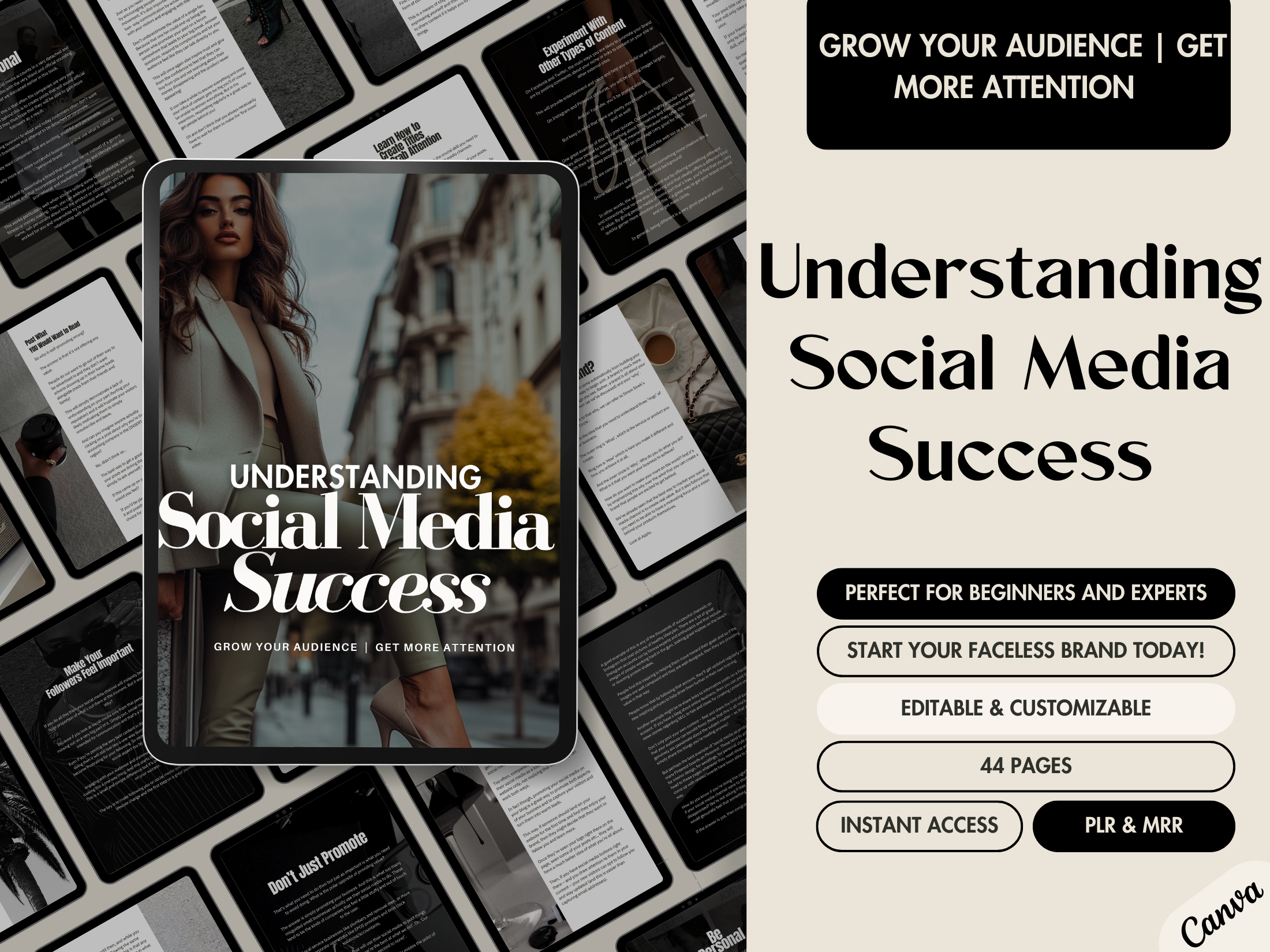 A Canva-designed ebook cover titled "Understanding Social Media Success." The image features a stylish woman in a beige blazer with an urban background. It highlights key points like "Grow Your Audience | Get More Attention," "Editable & Customizable," "44 Pages," and mentions PLR and MRR availability.