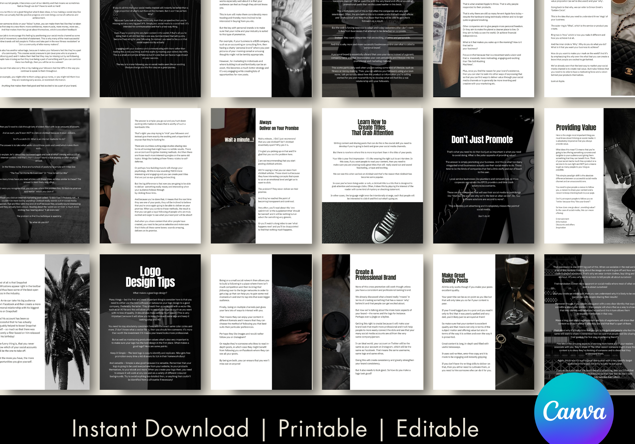 A preview of the ebook "Understanding Social Media Success," showcasing individual pages with clean, modern layouts. The pages include black and white designs, tips like "Provide Value" and "Don't Just Promote," and visual elements such as palm trees and lifestyle imagery.