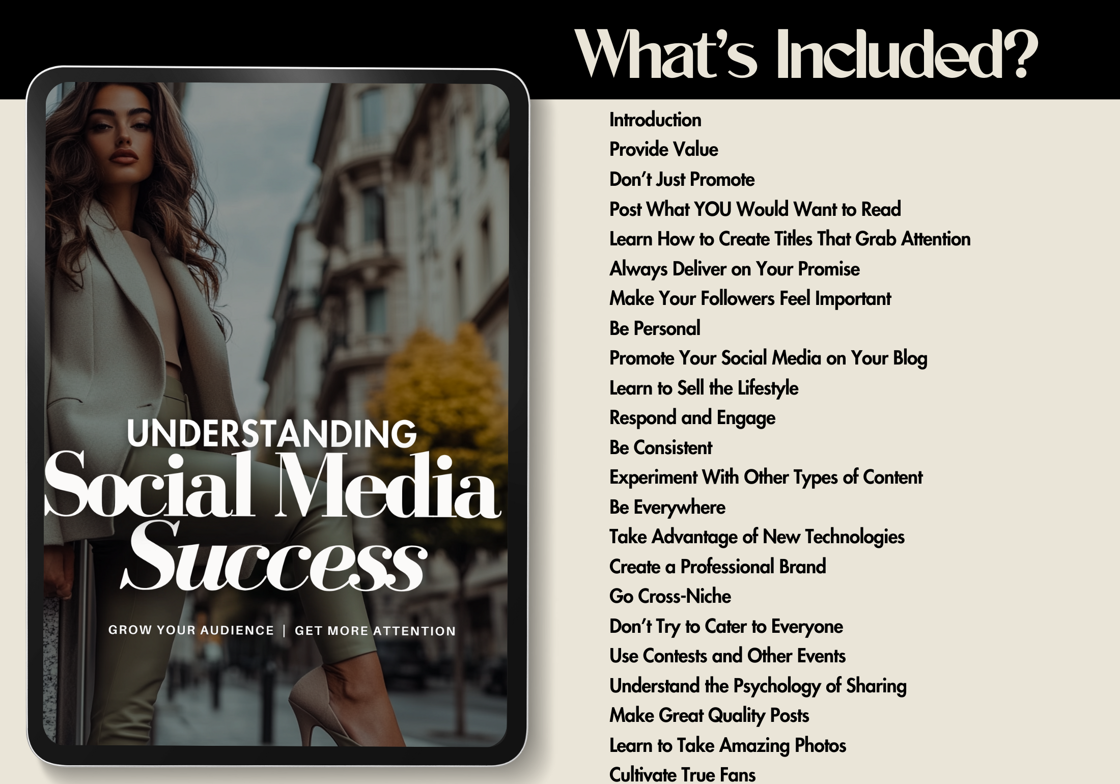 A graphic listing the content included in the "Understanding Social Media Success" ebook. It outlines sections like "Provide Value," "Make Your Followers Feel Important," and "Understand the Psychology of Sharing" with a preview of the cover on the left.