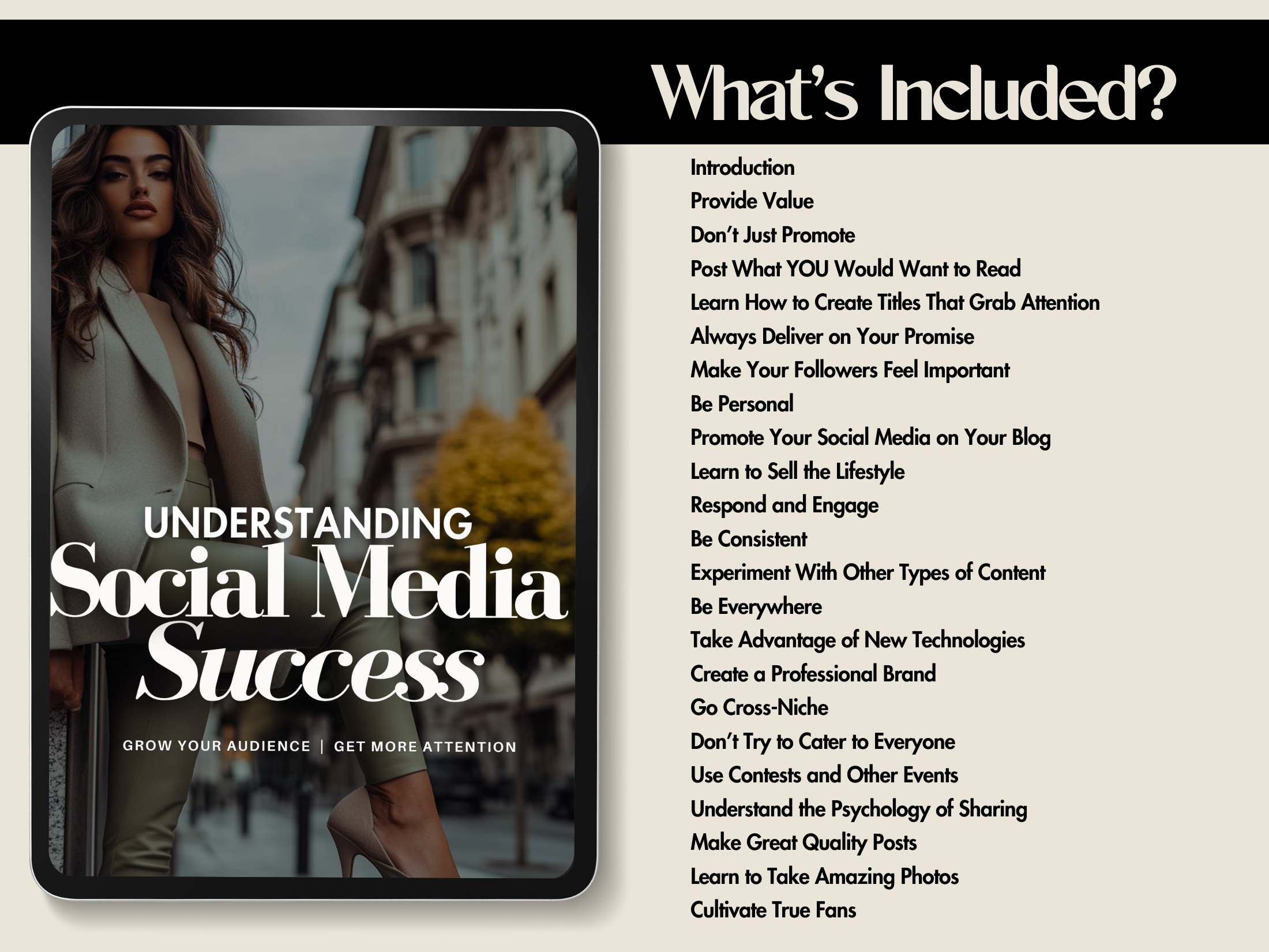 A graphic listing the content included in the "Understanding Social Media Success" ebook. It outlines sections like "Provide Value," "Make Your Followers Feel Important," and "Understand the Psychology of Sharing" with a preview of the cover on the left.