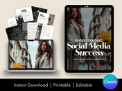 A product display for the "Understanding Social Media Success" ebook, featuring the cover on a tablet, a stack of preview pages, and a laptop mockup with the same cover. The graphic emphasizes instant download, printability, and editability using Canva.