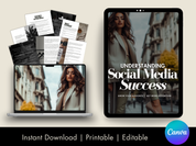 A product display for the "Understanding Social Media Success" ebook, featuring the cover on a tablet, a stack of preview pages, and a laptop mockup with the same cover. The graphic emphasizes instant download, printability, and editability using Canva.