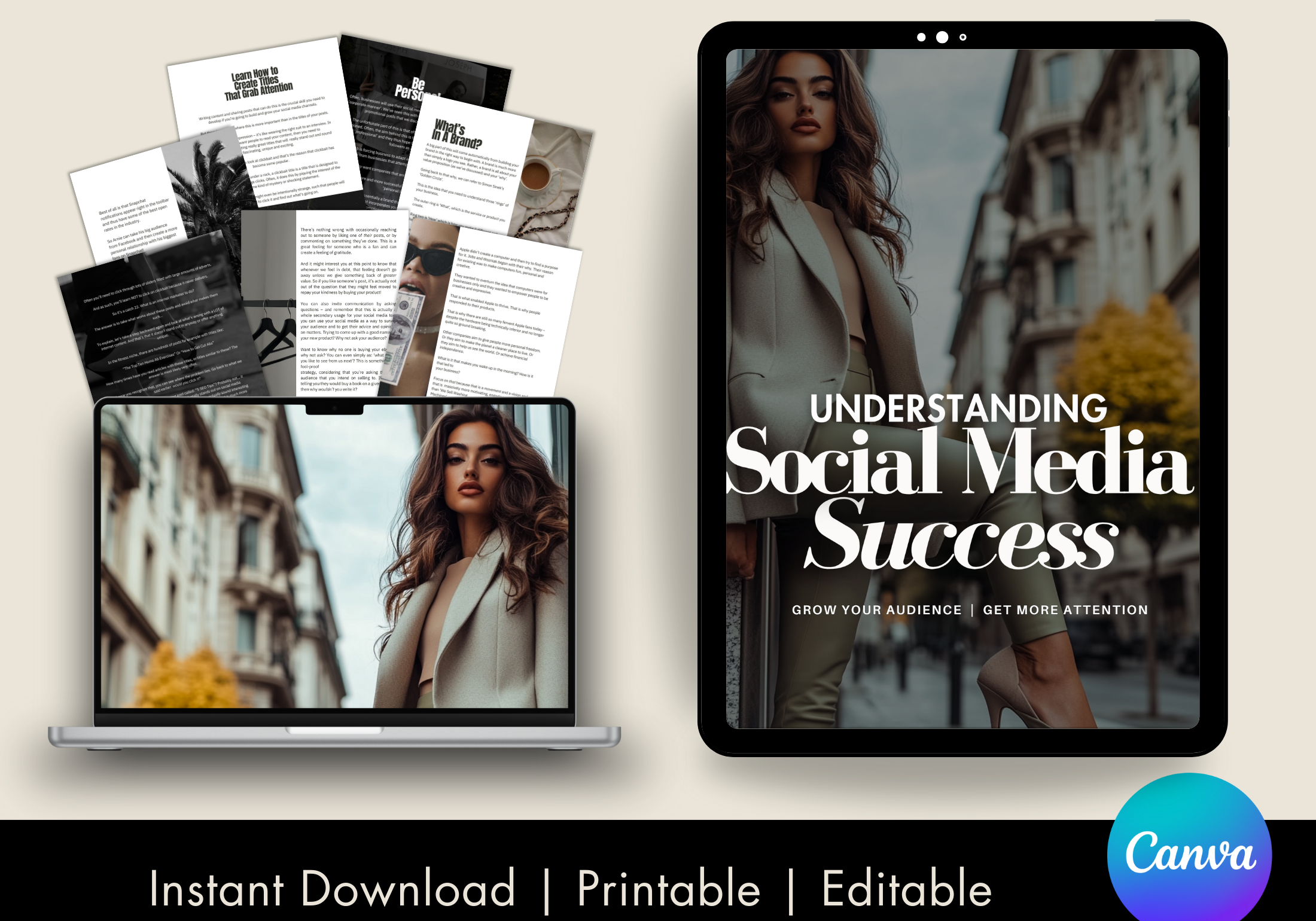 A product display for the "Understanding Social Media Success" ebook, featuring the cover on a tablet, a stack of preview pages, and a laptop mockup with the same cover. The graphic emphasizes instant download, printability, and editability using Canva.