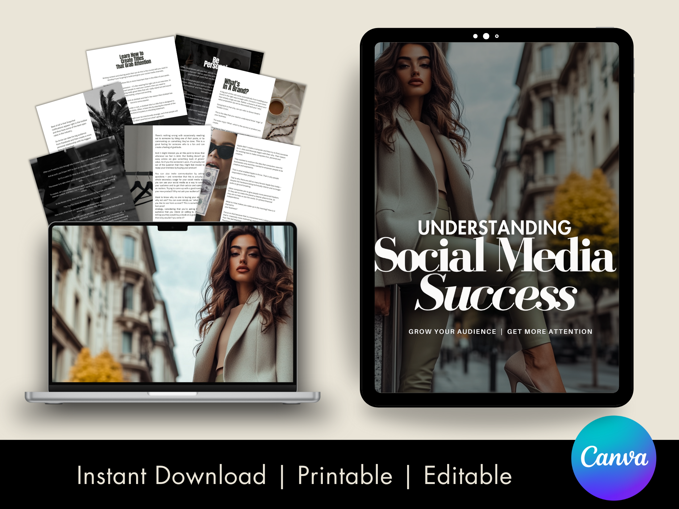 A product display for the "Understanding Social Media Success" ebook, featuring the cover on a tablet, a stack of preview pages, and a laptop mockup with the same cover. The graphic emphasizes instant download, printability, and editability using Canva.