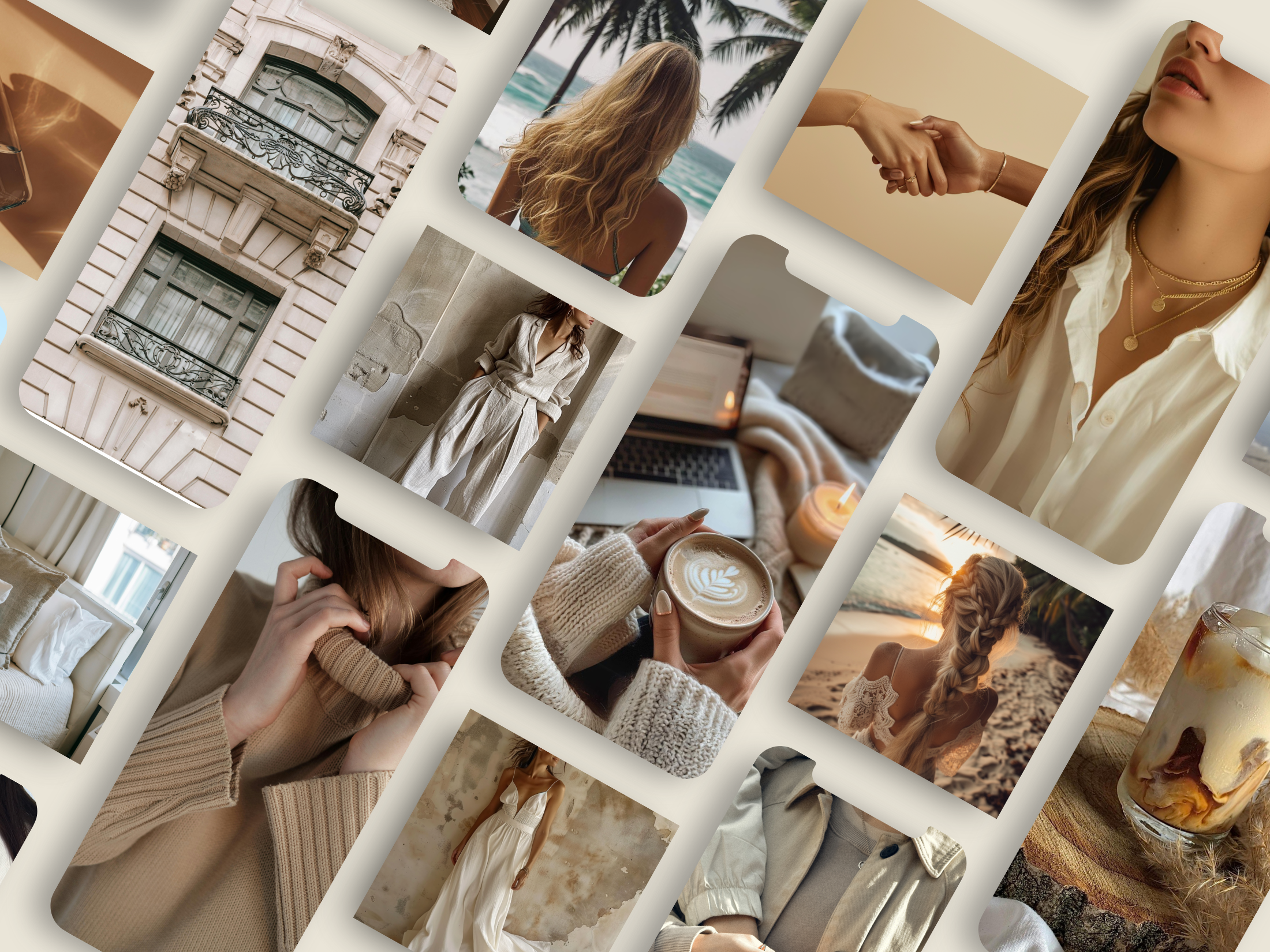 Grid view of the 210 Vanilla Stock Image Collection, featuring lifestyle and aesthetic images for social media.