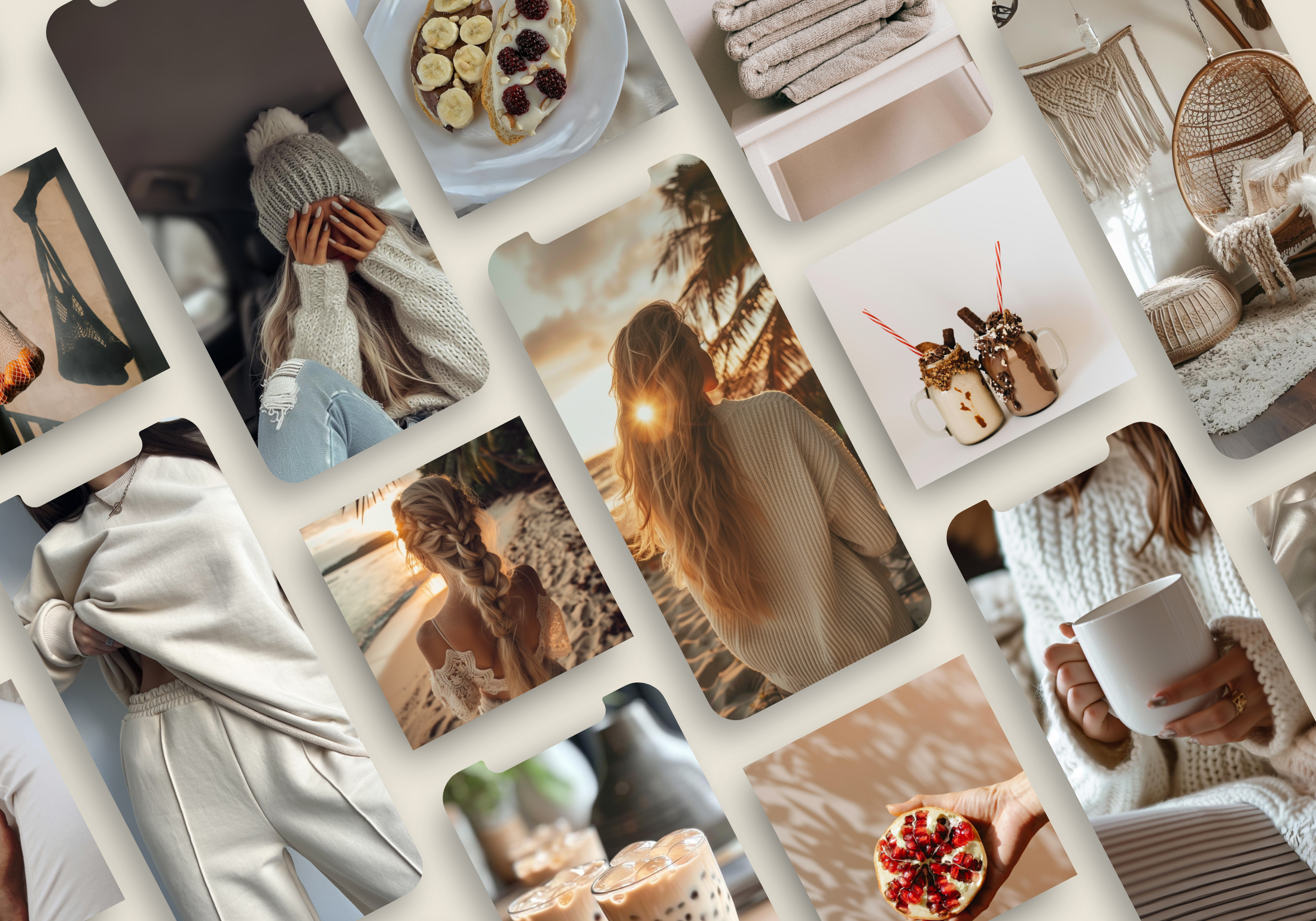 Grid view of the 210 Vanilla Stock Image Collection, featuring lifestyle and aesthetic images for social media.