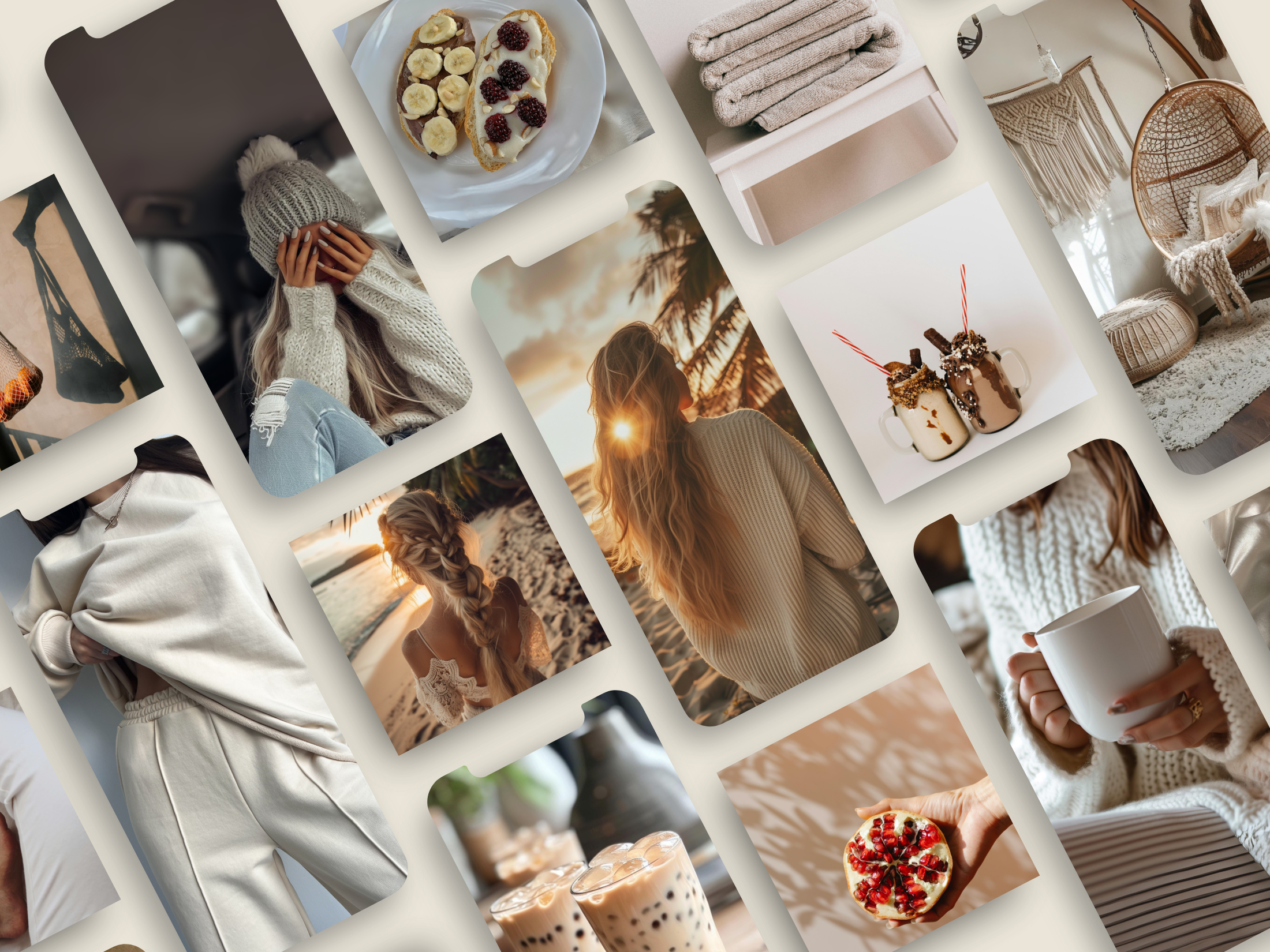 Grid view of the 210 Vanilla Stock Image Collection, featuring lifestyle and aesthetic images for social media.