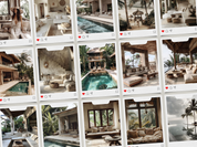 A curated grid of Bali-themed stock photos arranged in a Polaroid style, showcasing luxurious villas and scenic landscapes.