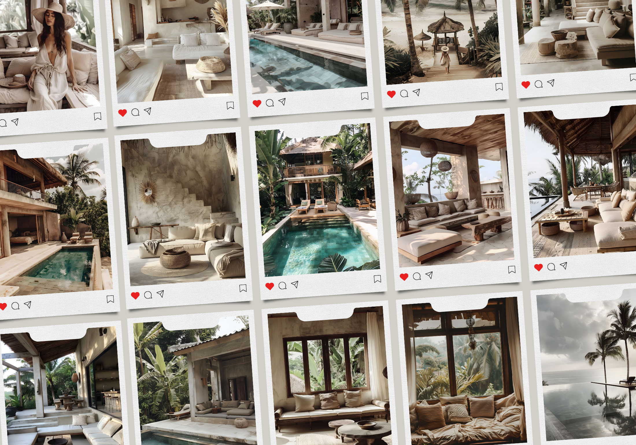 A curated grid of Bali-themed stock photos arranged in a Polaroid style, showcasing luxurious villas and scenic landscapes.