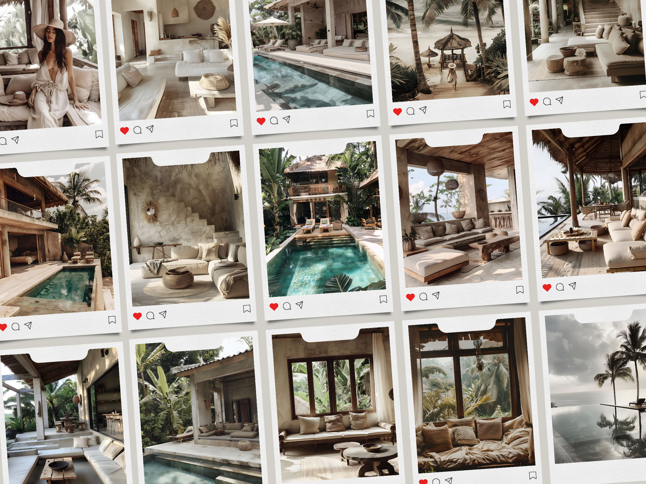 A curated grid of Bali-themed stock photos arranged in a Polaroid style, showcasing luxurious villas and scenic landscapes.