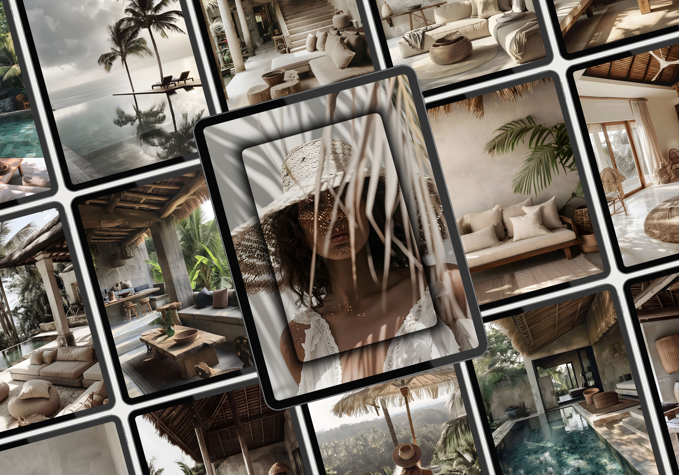 Collage of tropical Bali images highlighting luxurious outdoor seating, tranquil pools, and scenic jungle views.