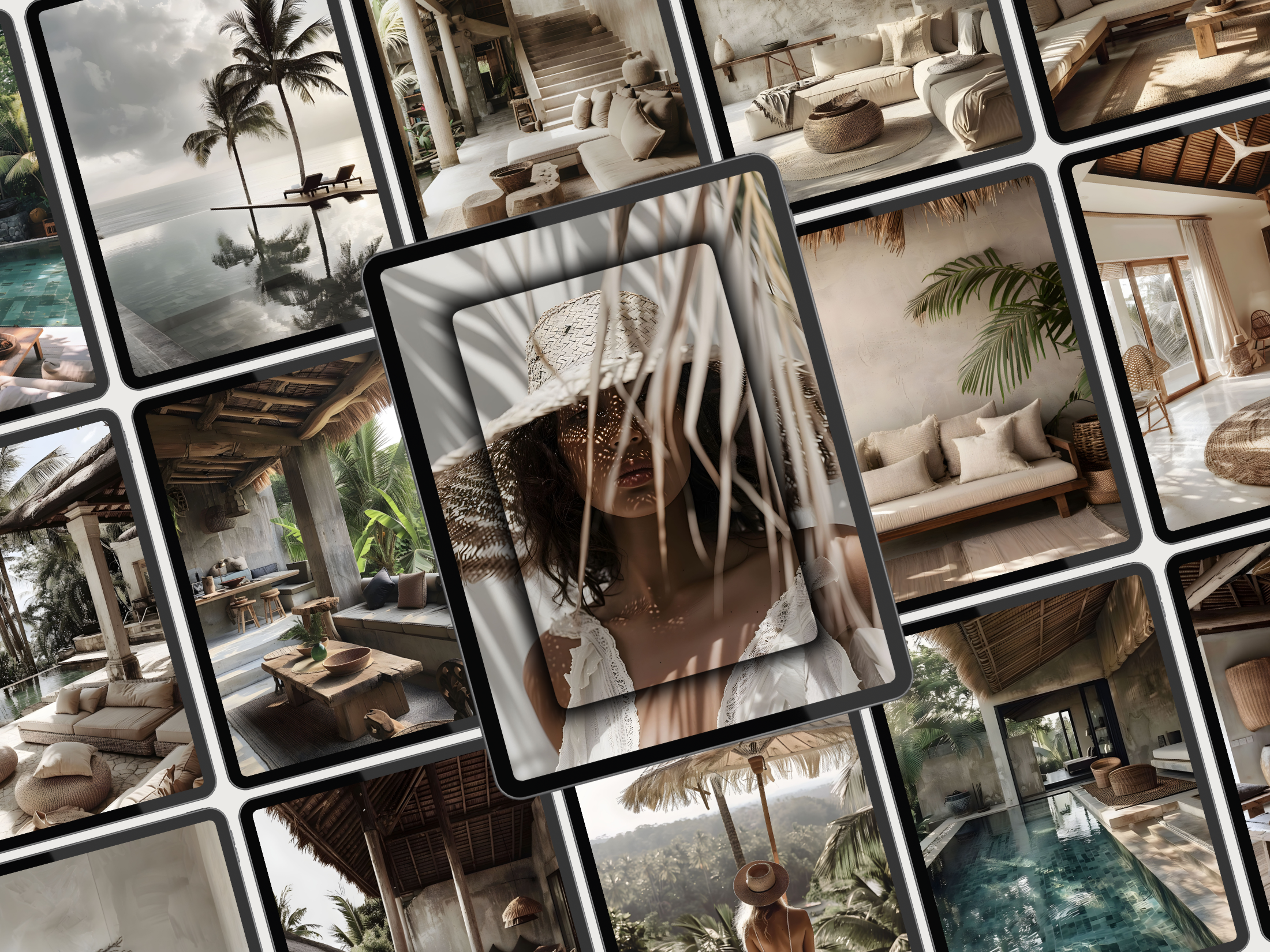 Collage of tropical Bali images highlighting luxurious outdoor seating, tranquil pools, and scenic jungle views.