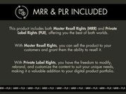 A simple black and white informational image explaining the difference between Master Resell Rights (MRR) and Private Label Rights (PLR), emphasizing the ability to resell or rebrand the product as the user's own.