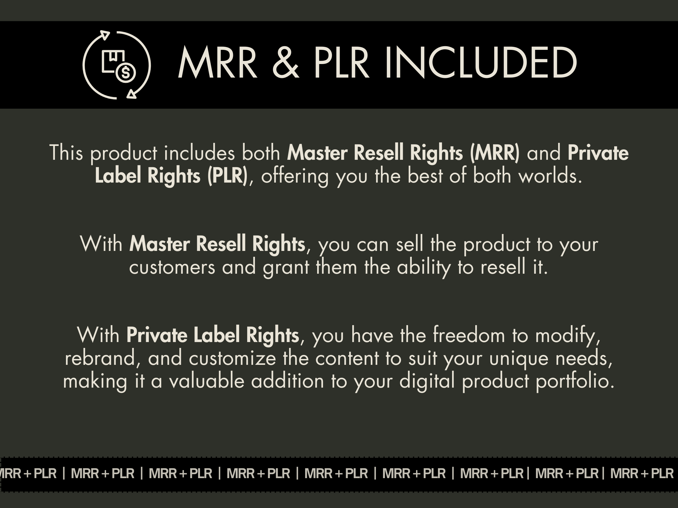 A simple black and white informational image explaining the difference between Master Resell Rights (MRR) and Private Label Rights (PLR), emphasizing the ability to resell or rebrand the product as the user's own.