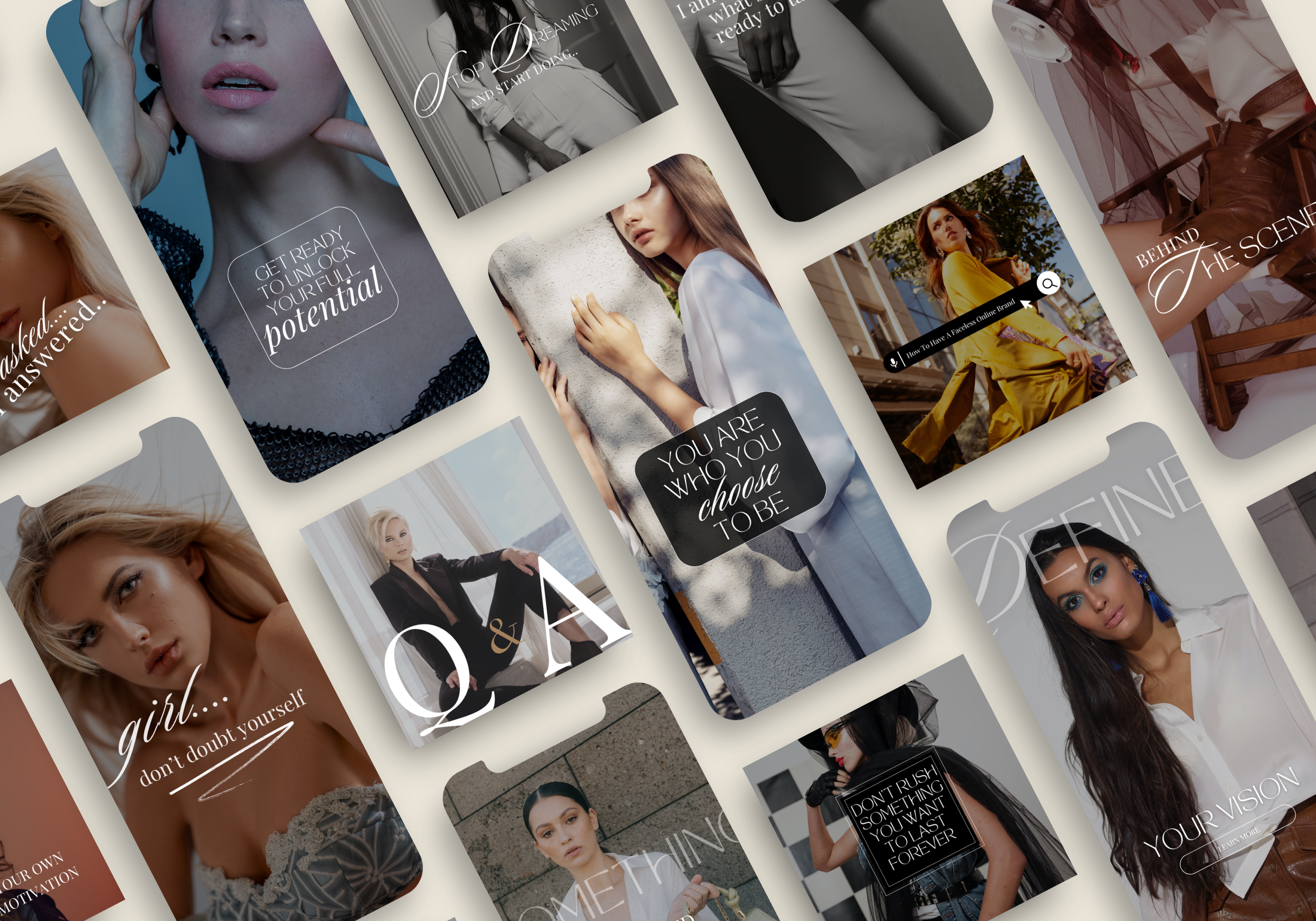 Bold & Luxury Instagram Templates - Example designs, including posts with motivational quotes and aesthetic images.