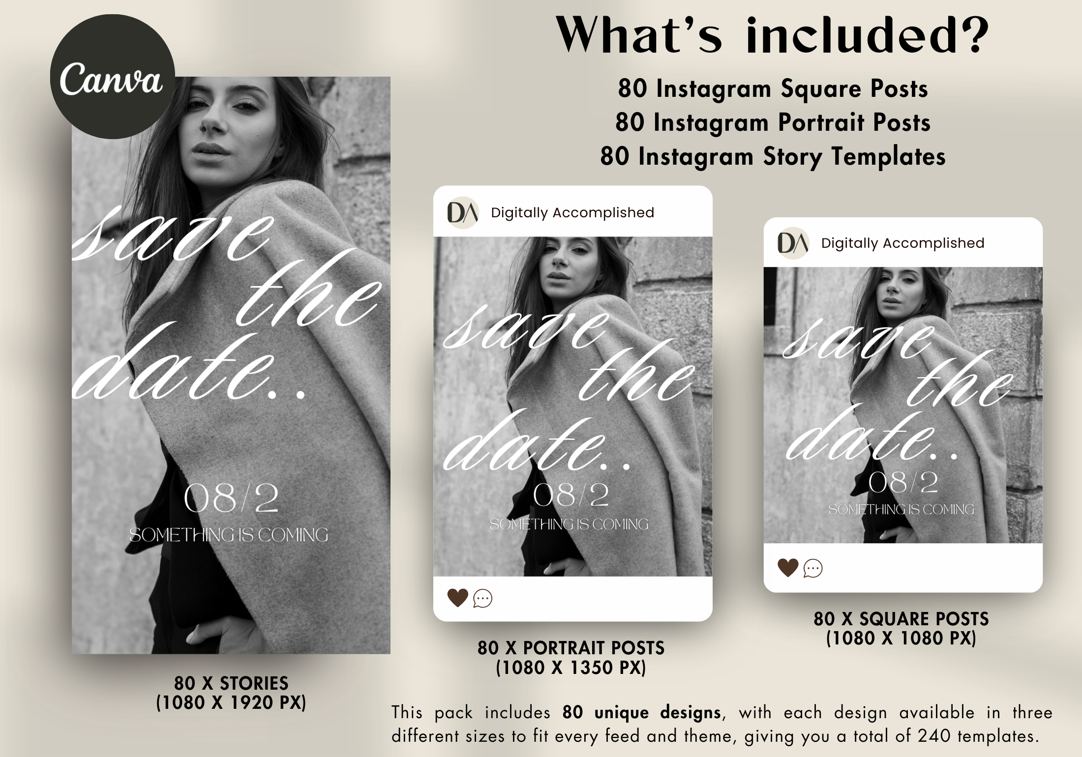 Bold & Luxury Instagram Templates - What's included in the package, highlighting 80 Instagram square posts, 80 portrait posts, and 80 story templates.