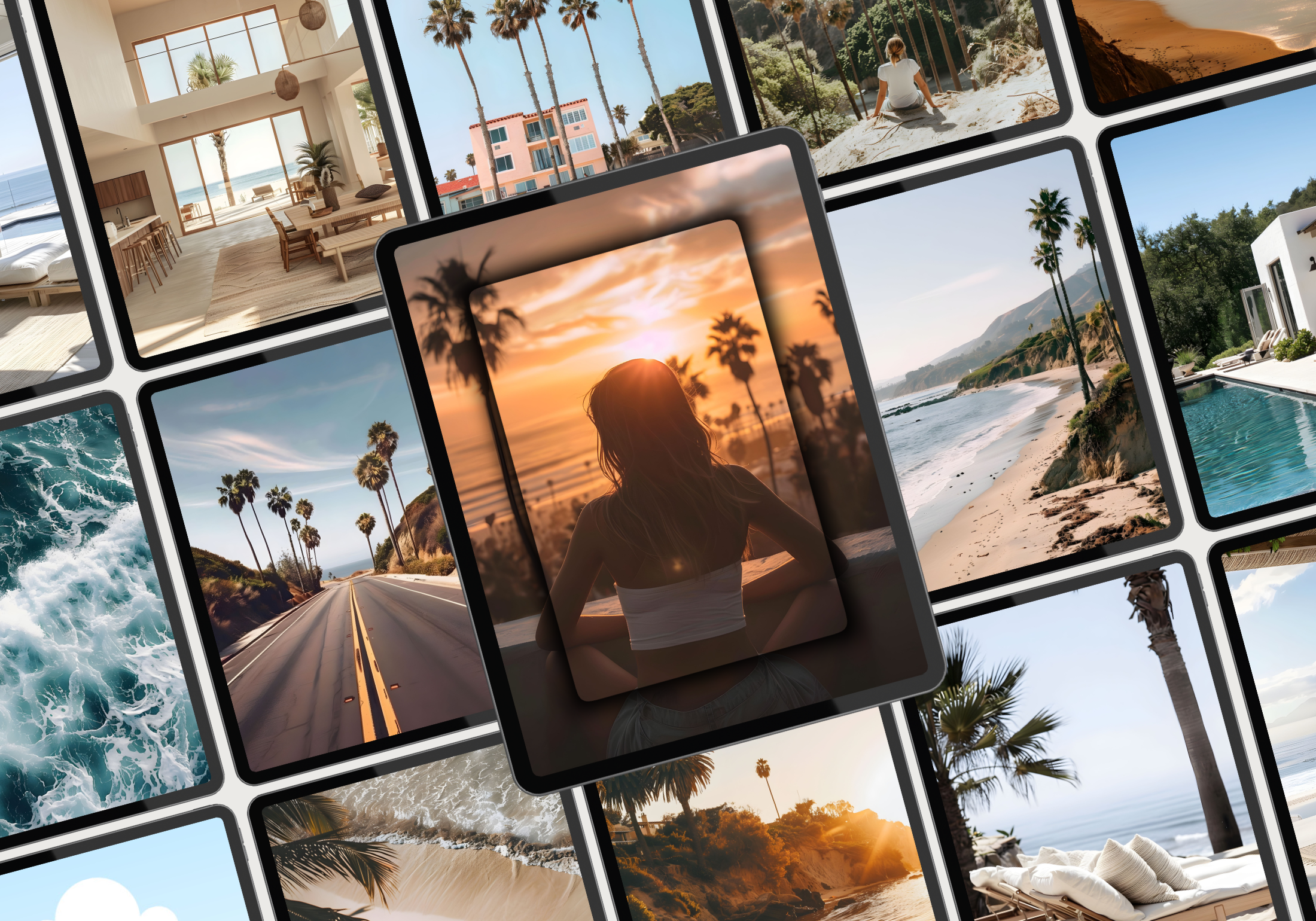 A grid-style preview of the "Coastal California" image bundle, showcasing various serene beach and coastal images