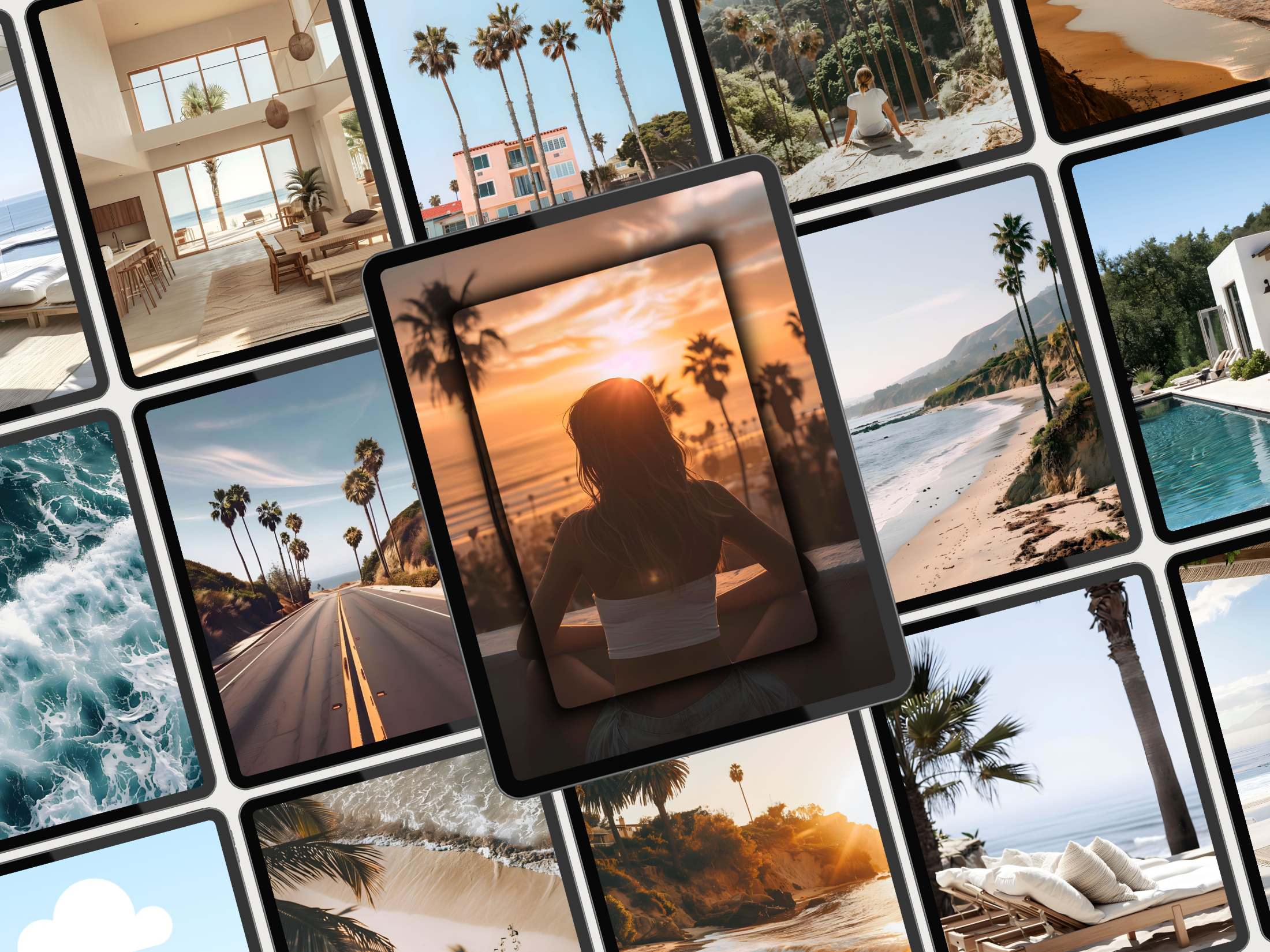 A grid-style preview of the "Coastal California" image bundle, showcasing various serene beach and coastal images