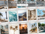 Overview of the "Costal California" stock image collection, featuring 100 AI-generated images that capture relaxed, west coast aesthetics suitable for social media.