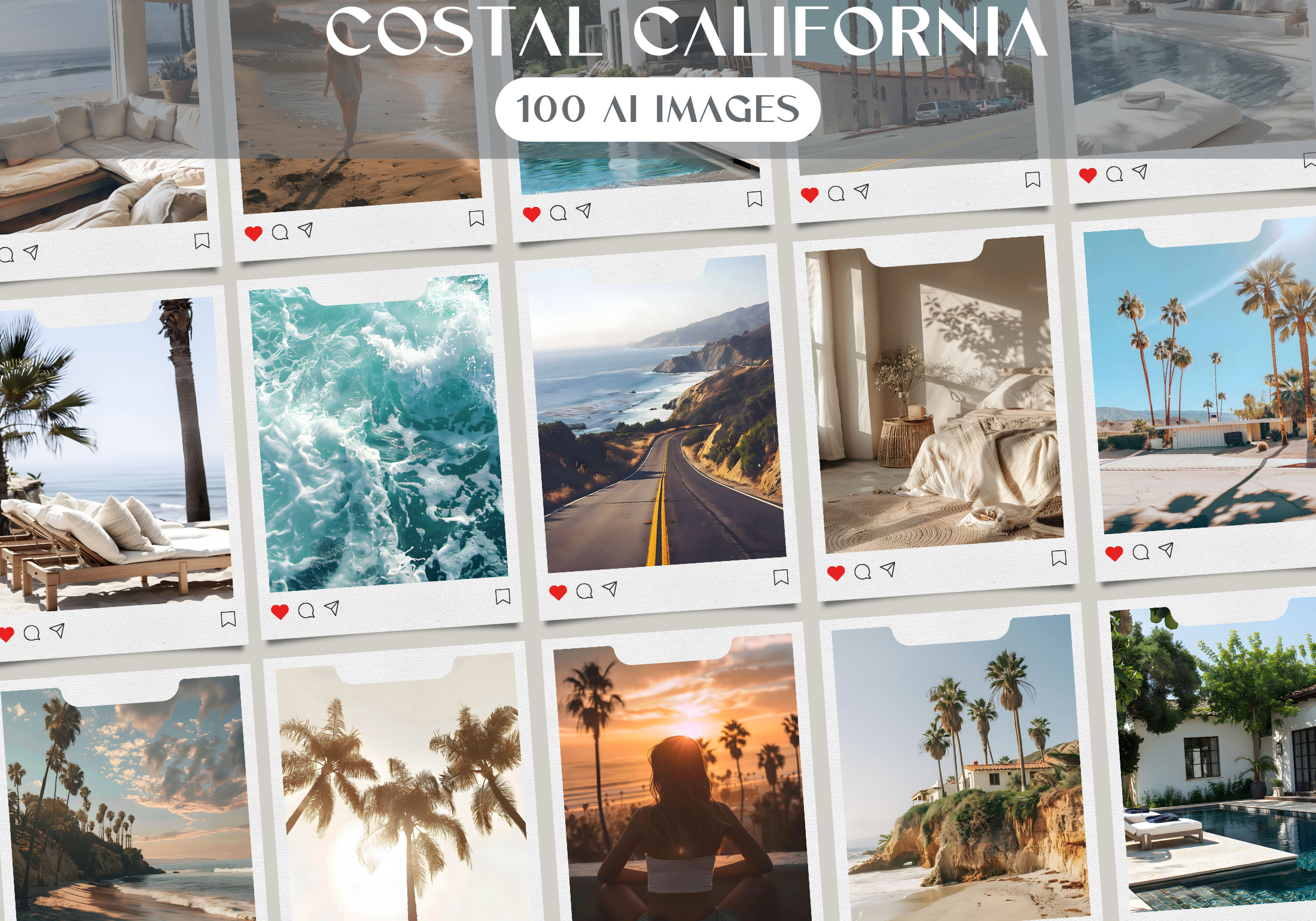 Overview of the "Costal California" stock image collection, featuring 100 AI-generated images that capture relaxed, west coast aesthetics suitable for social media.