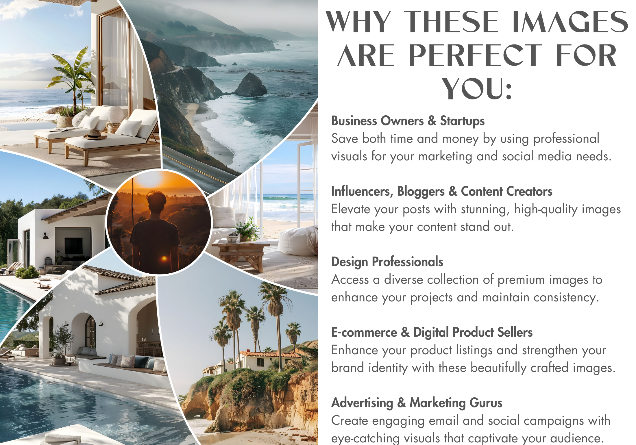 Explanation of why the "Coastal California" images are perfect for business owners, influencers, bloggers, design professionals, and more.