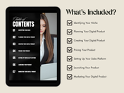 The table of contents for the "Create and Sell Digital Products" eBook, listing sections such as niche identification, product creation, and marketing strategies.