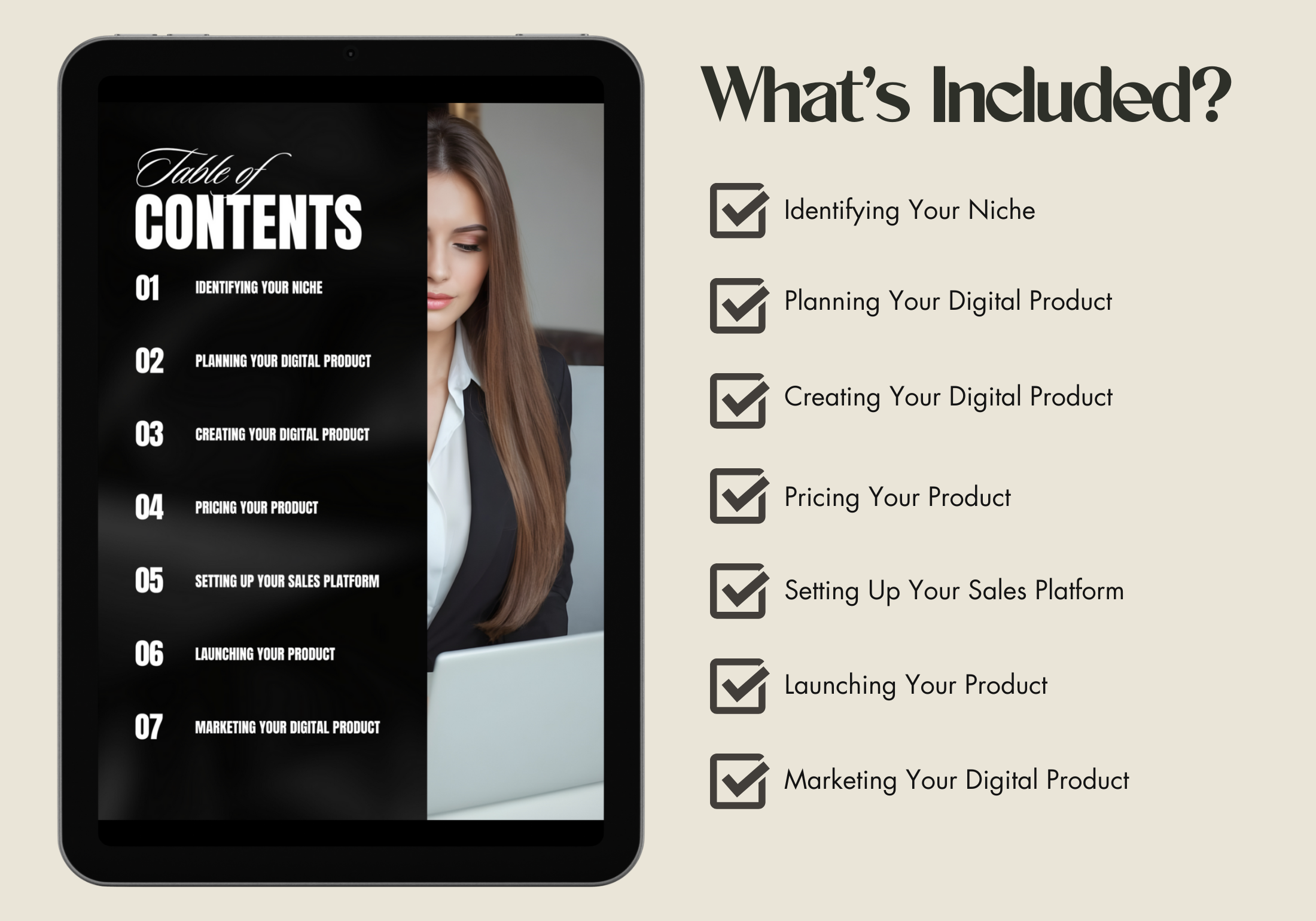 The table of contents for the "Create and Sell Digital Products" eBook, listing sections such as niche identification, product creation, and marketing strategies.