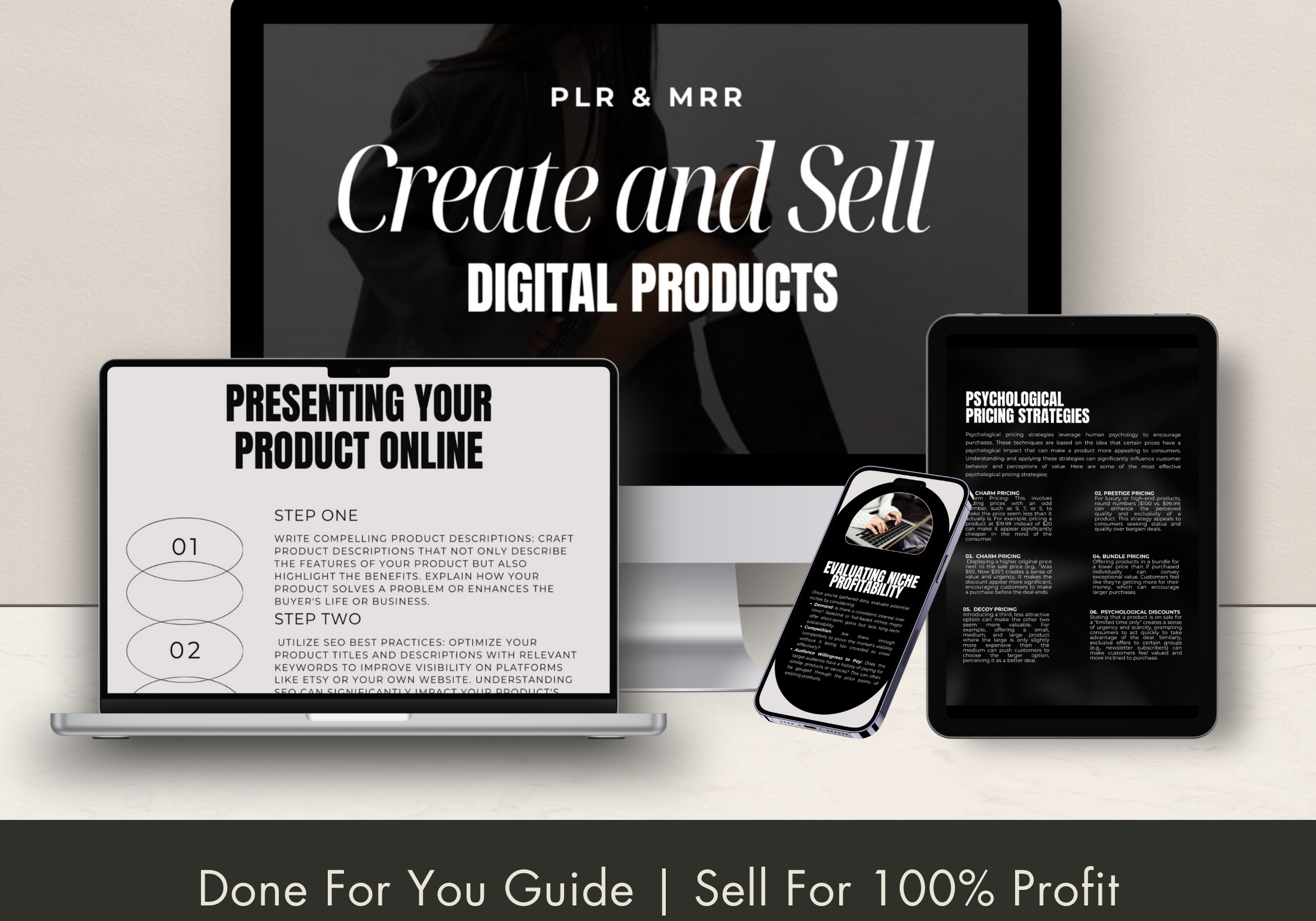 A mockup displaying the "Create and Sell Digital Products" eBook on various devices, highlighting its digital format and versatility.