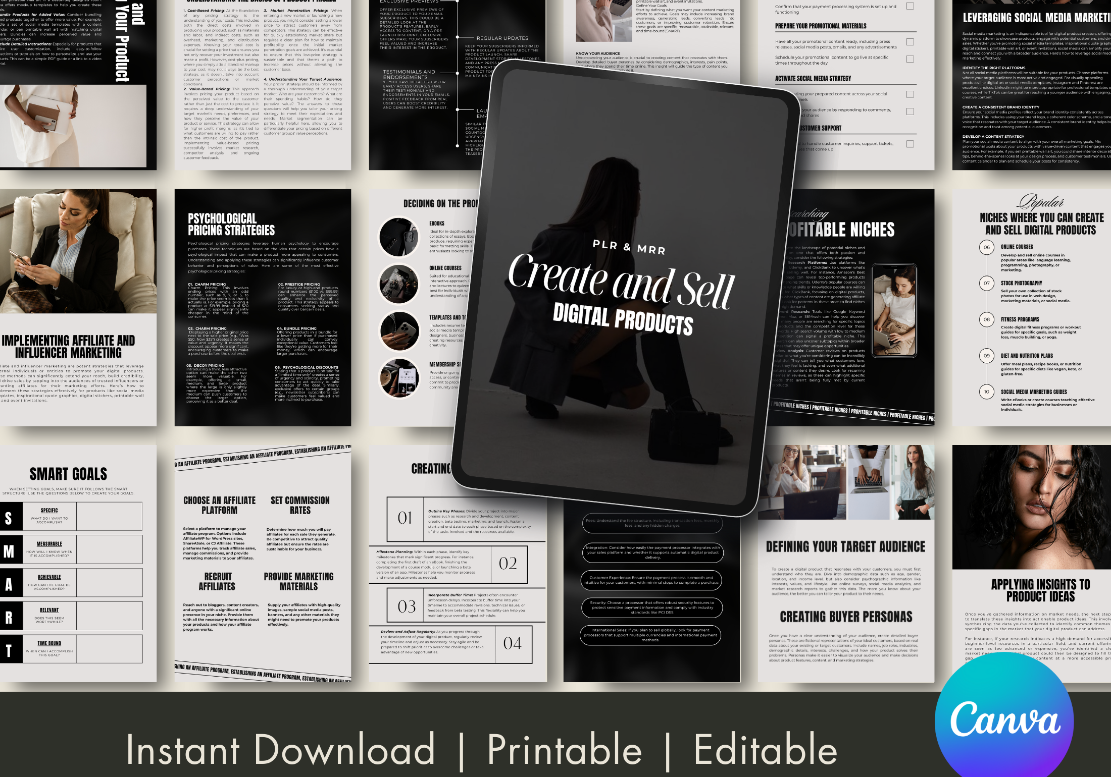 An overview of the eBook's pages, including strategies for identifying niches, pricing products, and leveraging marketing tactics.