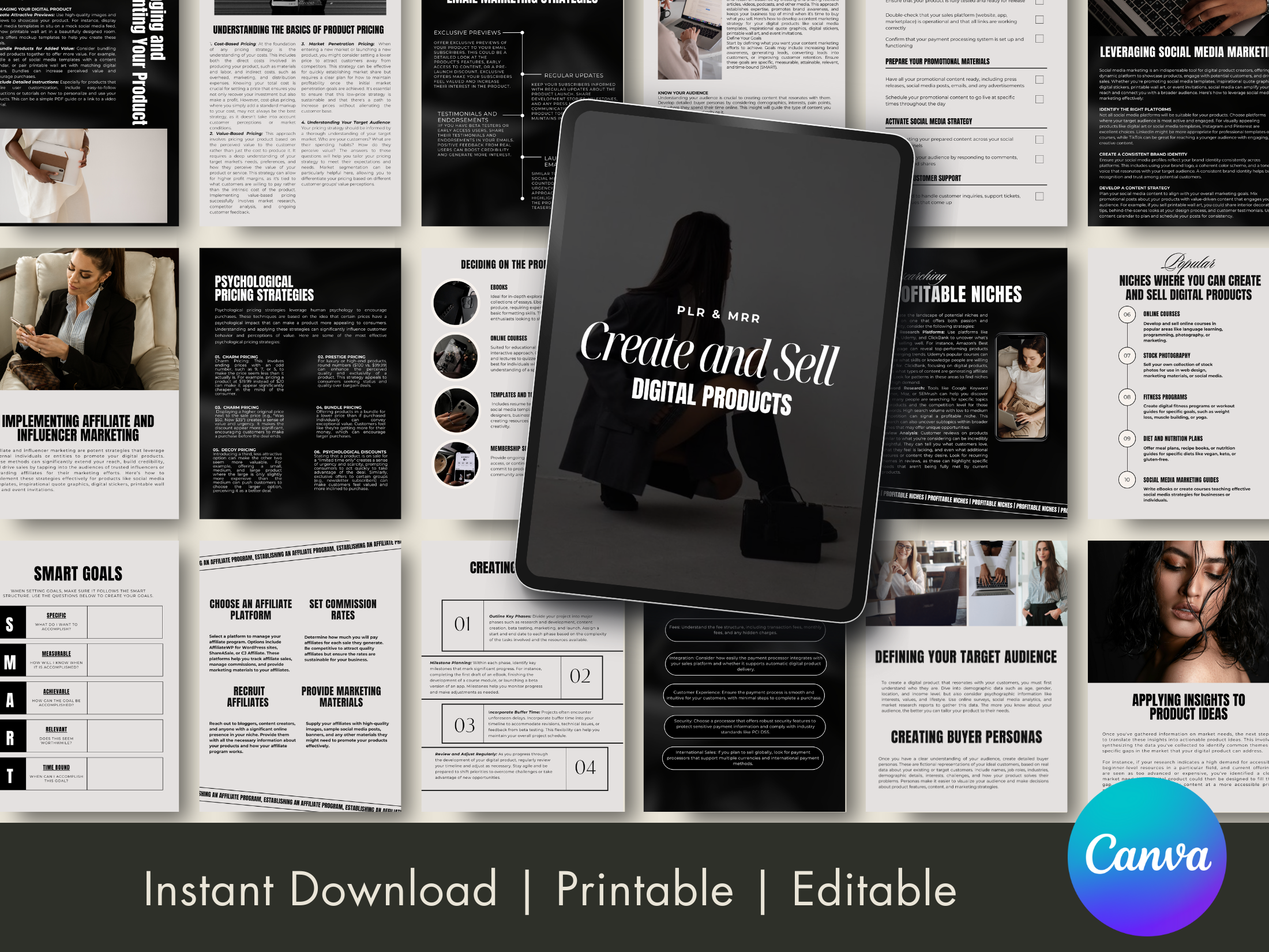 An overview of the eBook's pages, including strategies for identifying niches, pricing products, and leveraging marketing tactics.