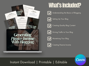 Generate Passive Income with Blogging - Chapter overview featuring essential topics such as understanding blogging basics, content strategy, and monetization.