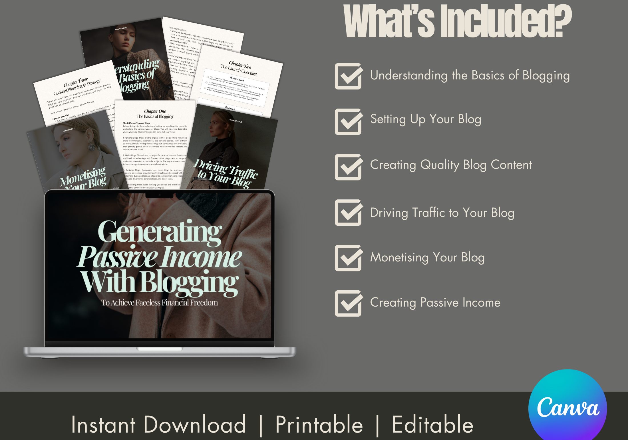 Generate Passive Income with Blogging - Chapter overview featuring essential topics such as understanding blogging basics, content strategy, and monetization.