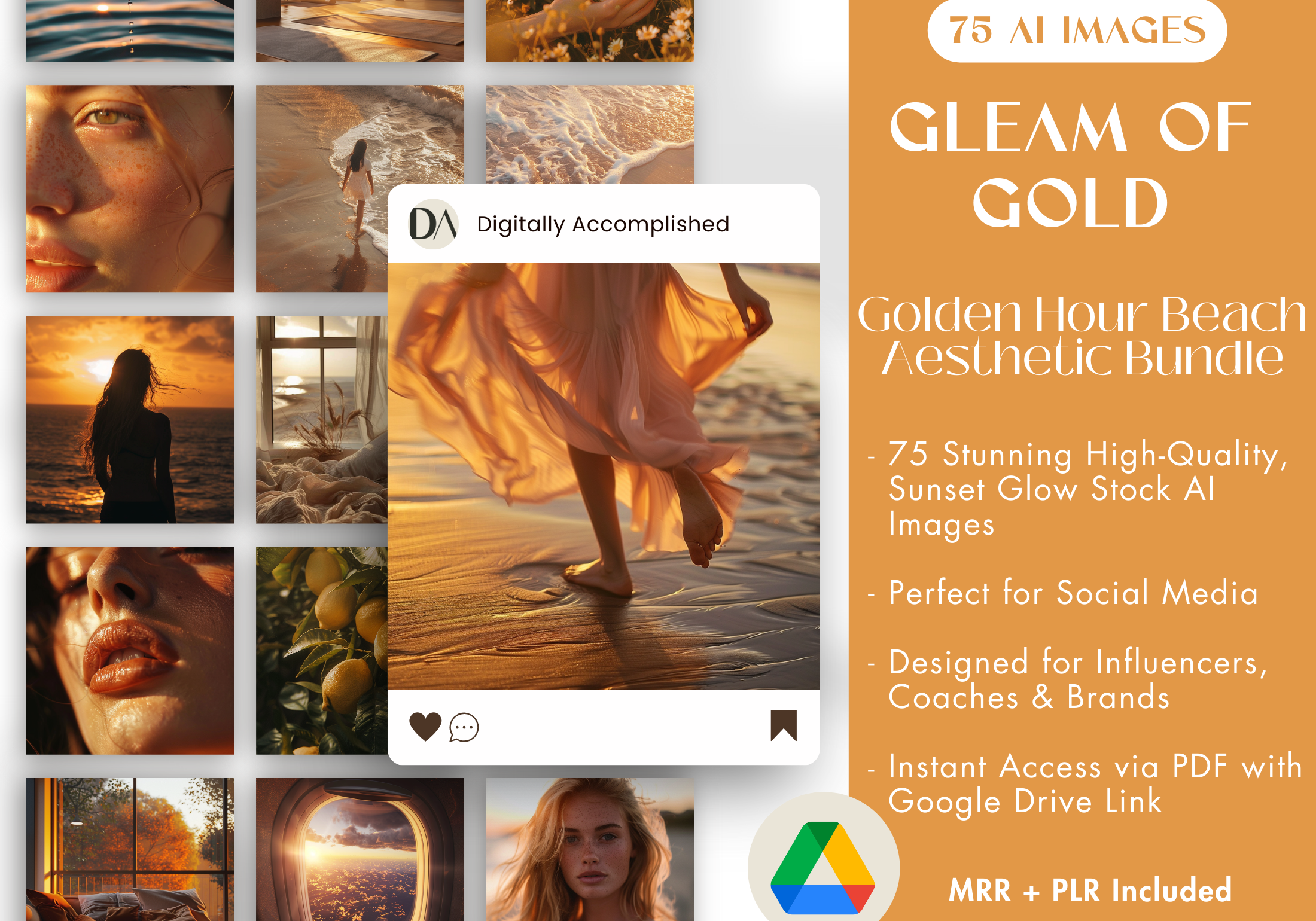 Cover image for the Gleam of Gold: Golden Hour Beach Aesthetic Bundle, showcasing sunset glow stock AI images ideal for social media.