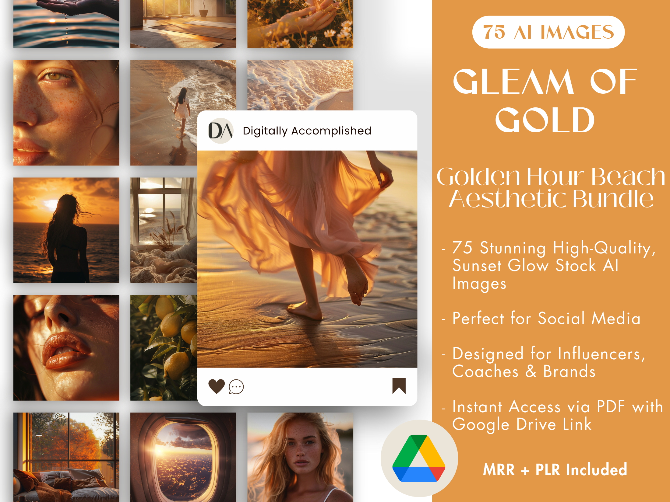 Cover image for the Gleam of Gold: Golden Hour Beach Aesthetic Bundle, showcasing sunset glow stock AI images ideal for social media.